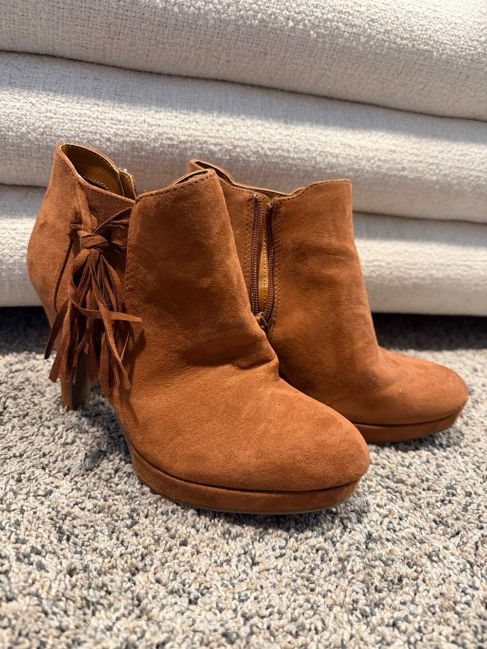 Unlisted Suede Tassel Ankle Booties — Rust Brown